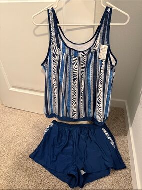 Amazon Blue and White Striped Tankini One-Piece with Navy Shorts